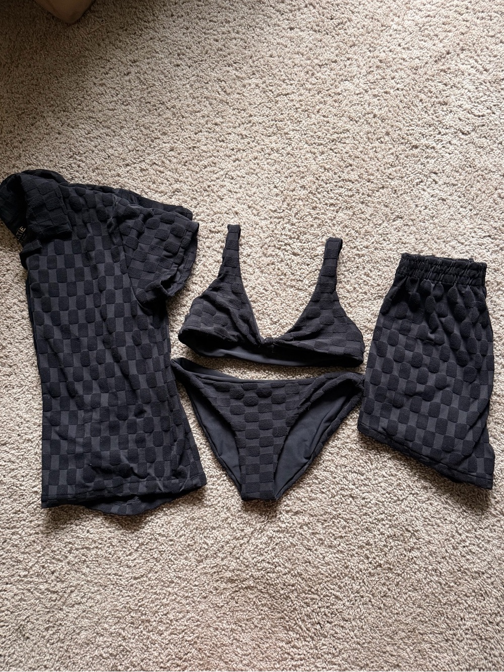 FULL SET SKATIE SWIMWEAR - Black Textured Check Bikini Set and Cover-Up SMALL